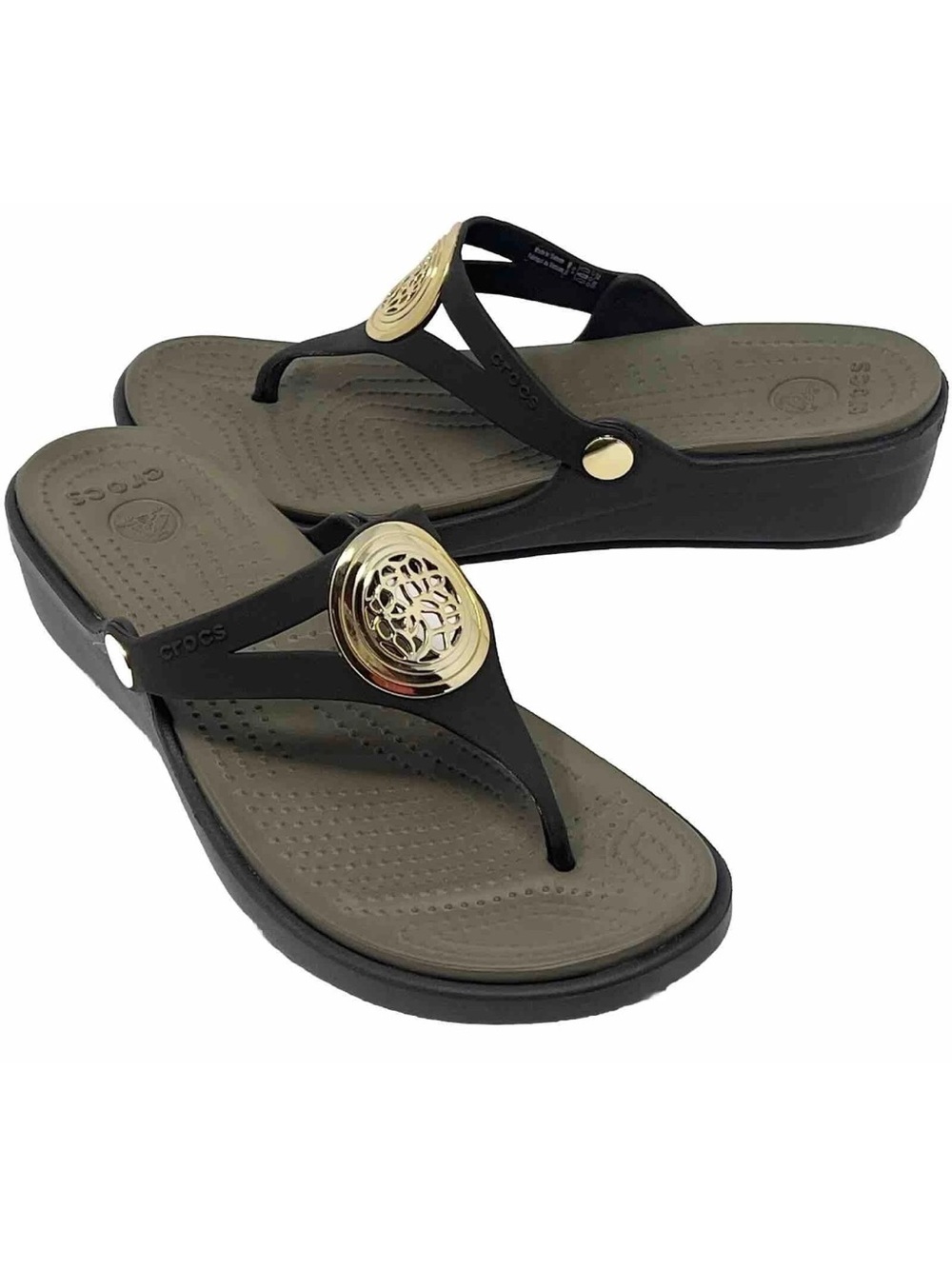 CROCS Brown Strap Taupe Footbed Sandal with Gold Medallion